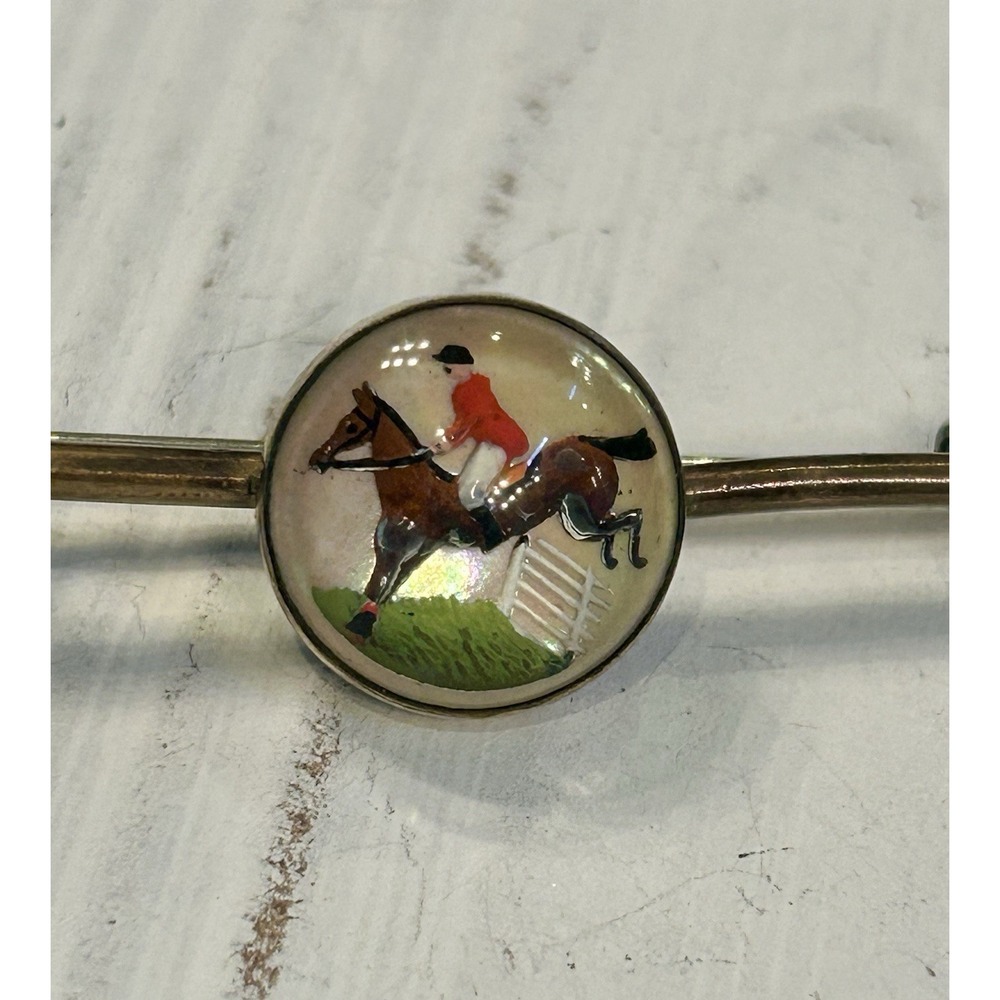 Antique VTG Intaglio Reverse Essex Crystal Horse Jockey Bar Pin Derby   C-Clasp